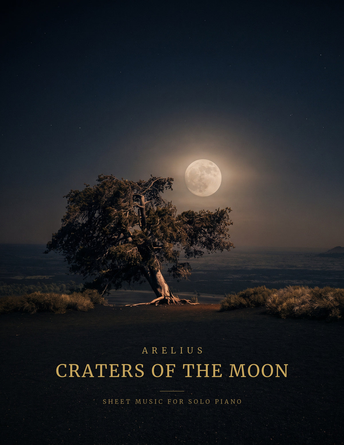 Craters of the Moon sheet music cover: a lone tree under a full moon, Arelius