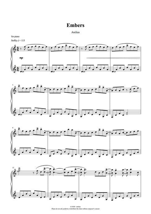 Embers - Piano Solo Sheet Music by Arelius