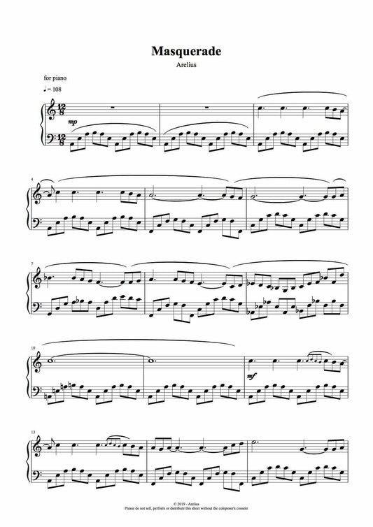 Masquerade - Arelius Piano Solo Sheet Music