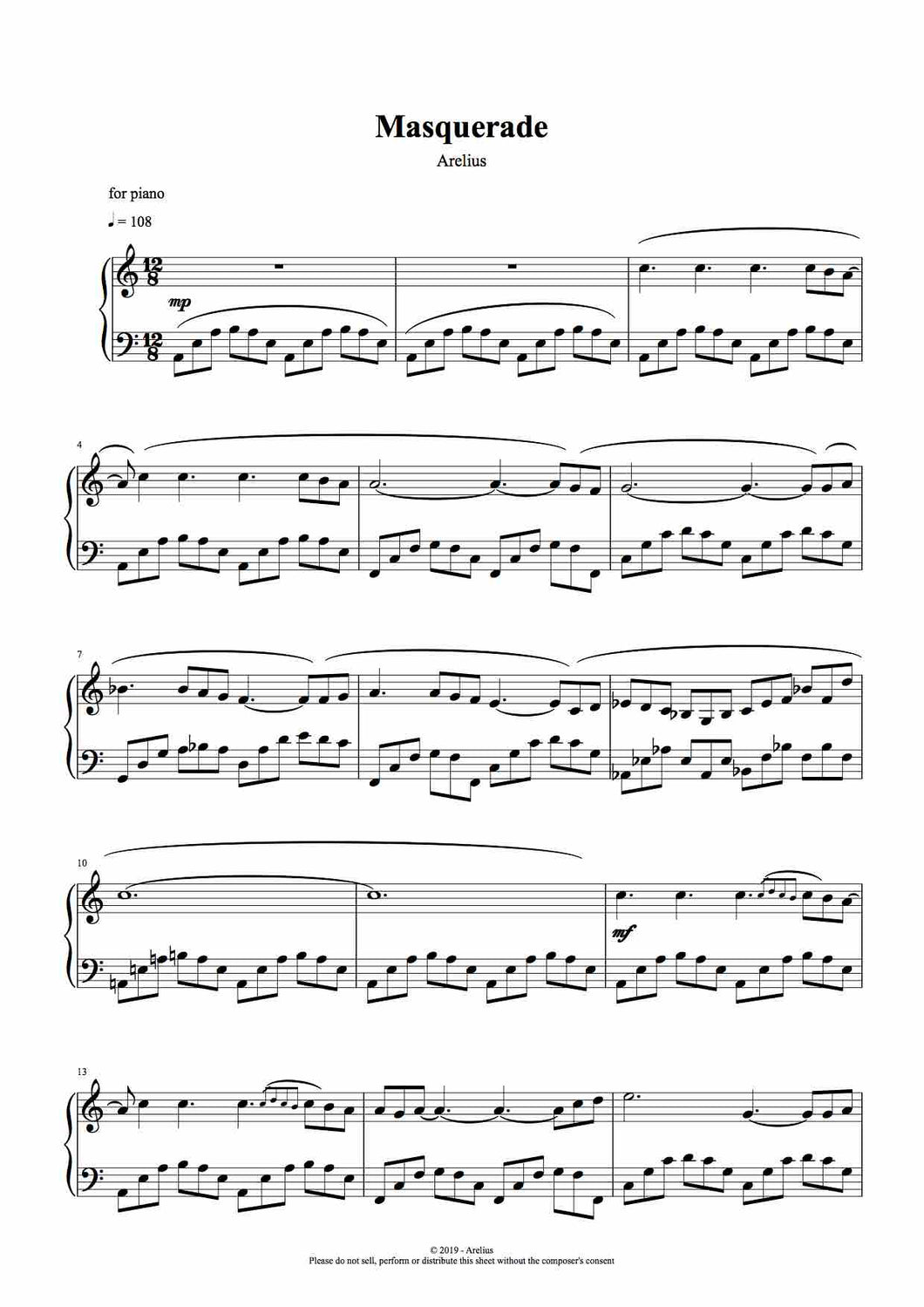 Masquerade - Arelius Piano Solo Sheet Music